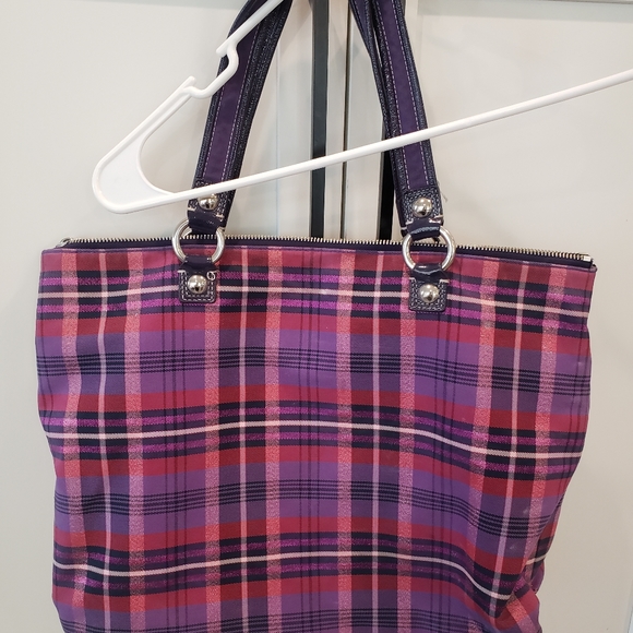 Coach Poppy Purple Plaid Tartan Glam Tote - Picture 12 of 16